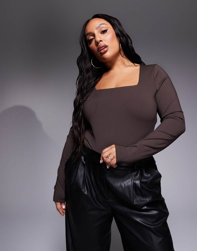 ASOS DESIGN Curve premium sculpting square neck long sleeve bodysuit in chocolate ASOS Curve