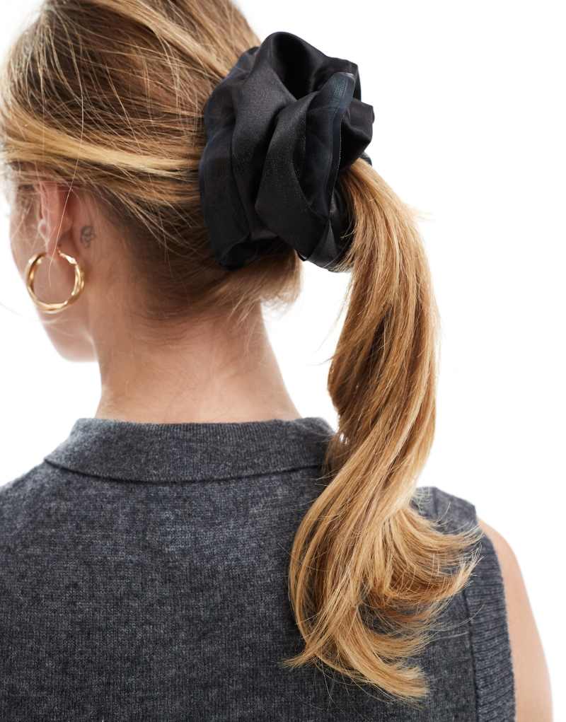 ASOS DESIGN scrunchie in satin with organza frill edge in black ASOS DESIGN