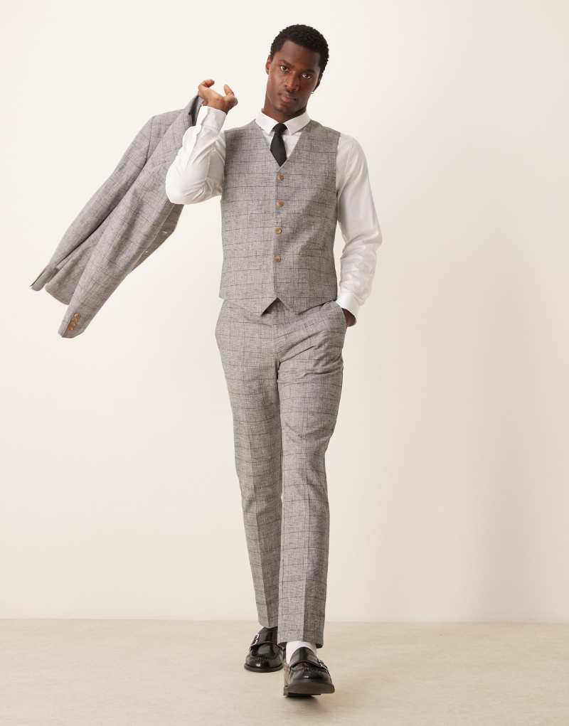 ASOS DESIGN skinny with linen suit pants in gray prince of wales check ASOS DESIGN