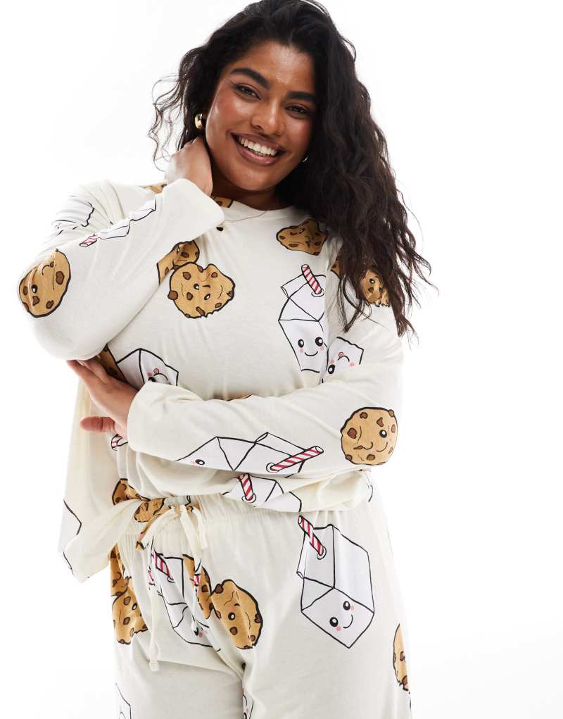 ASOS DESIGN Curve cookies and milk long sleeve top & pant pajama set in brown ASOS Curve