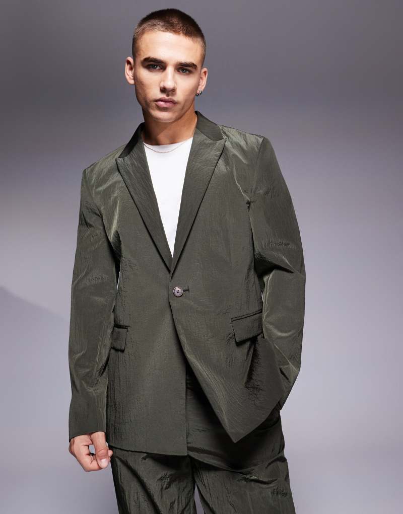 ASOS DESIGN slouchy regular suit jacket in khaki techy fabric ASOS DESIGN