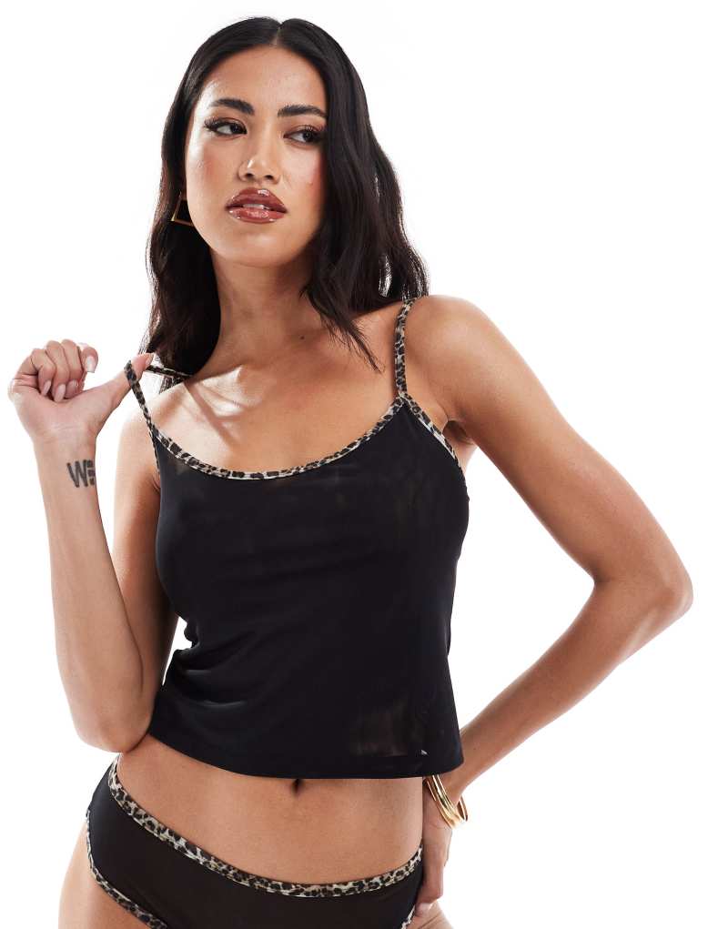 ASOS DESIGN Mackenzie mesh cami with leopard trim in black ASOS DESIGN