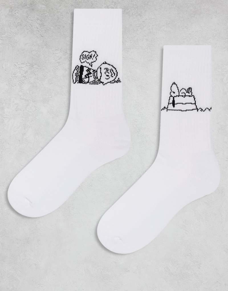 ASOS DESIGN 2 pack socks with Snoopy and Charlie artwork in white ASOS DESIGN