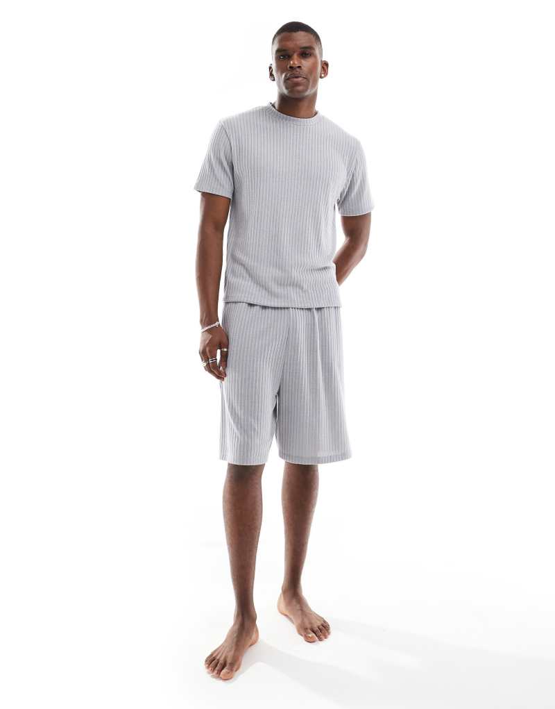 ASOS DESIGN loungewear brushed rib knit set with boxy t-shirt and shorts in gray ASOS DESIGN