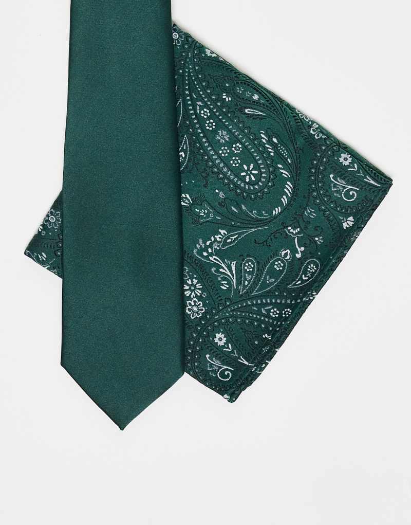 ASOS DESIGN satin tie in forest green with paisley pocket square ASOS DESIGN