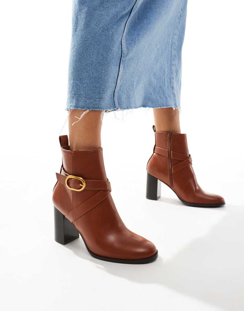 ASOS DESIGN Regan mid-heel buckle boots in tan ASOS DESIGN