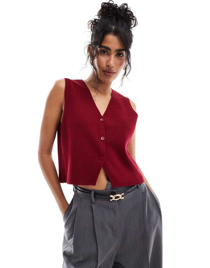 ASOS DESIGN knit compact v neck vest in burgundy ASOS DESIGN