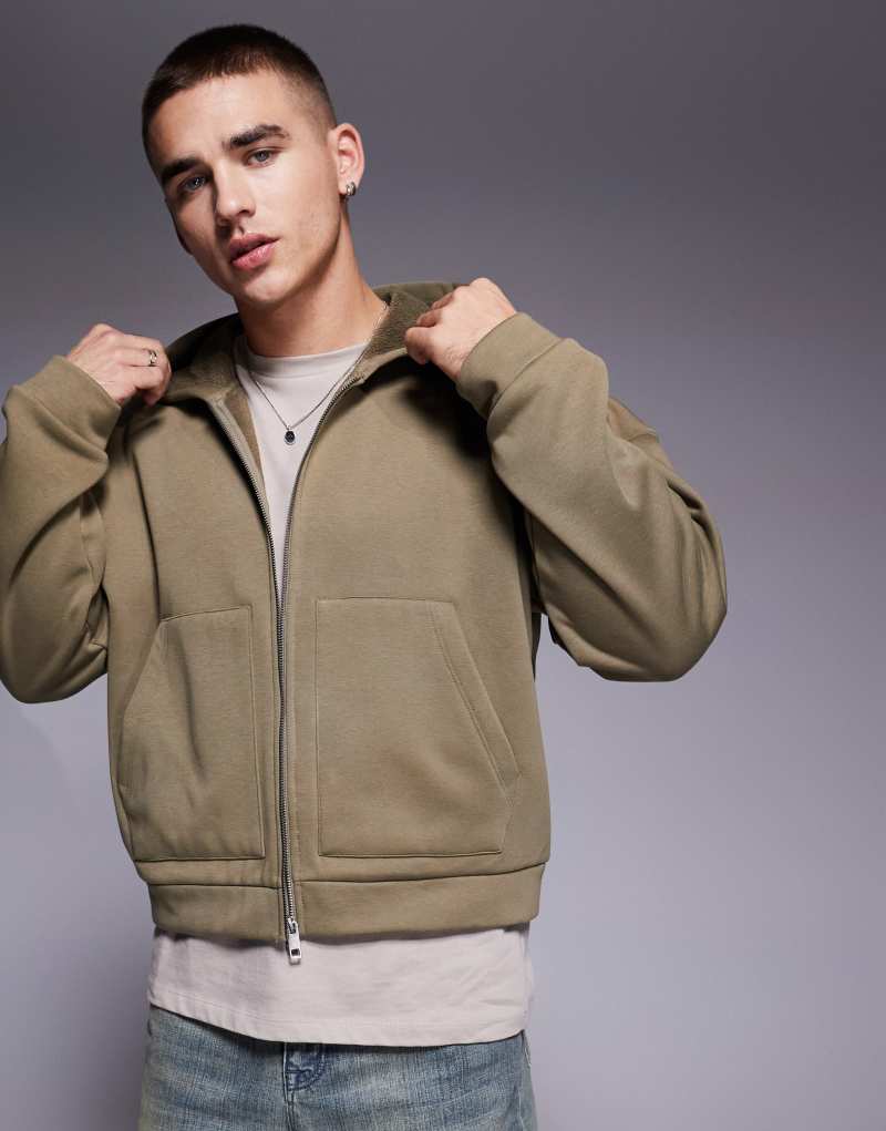 ASOS DESIGN oversized dropped shoulder cropped zip through hoodie with borg lining in khaki ASOS DESIGN