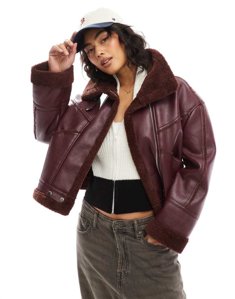 Bershka faux shearling oversized jacket in burgundy Bershka