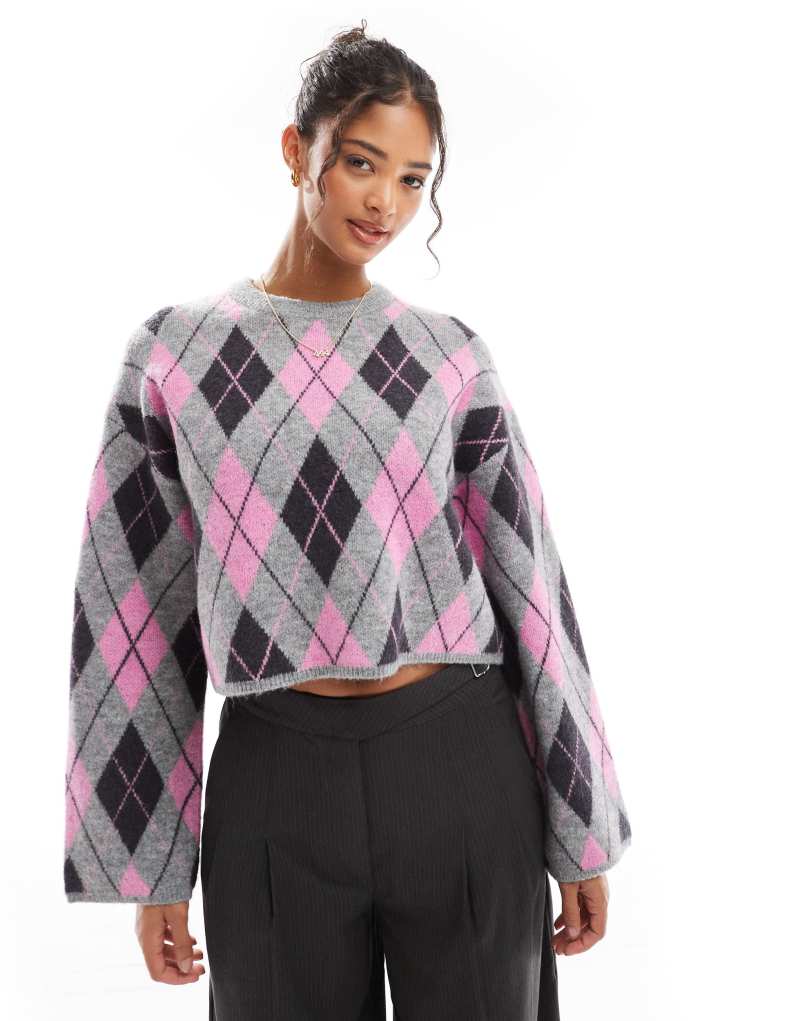 Bershka argyle round neck sweater in gray & pink Bershka