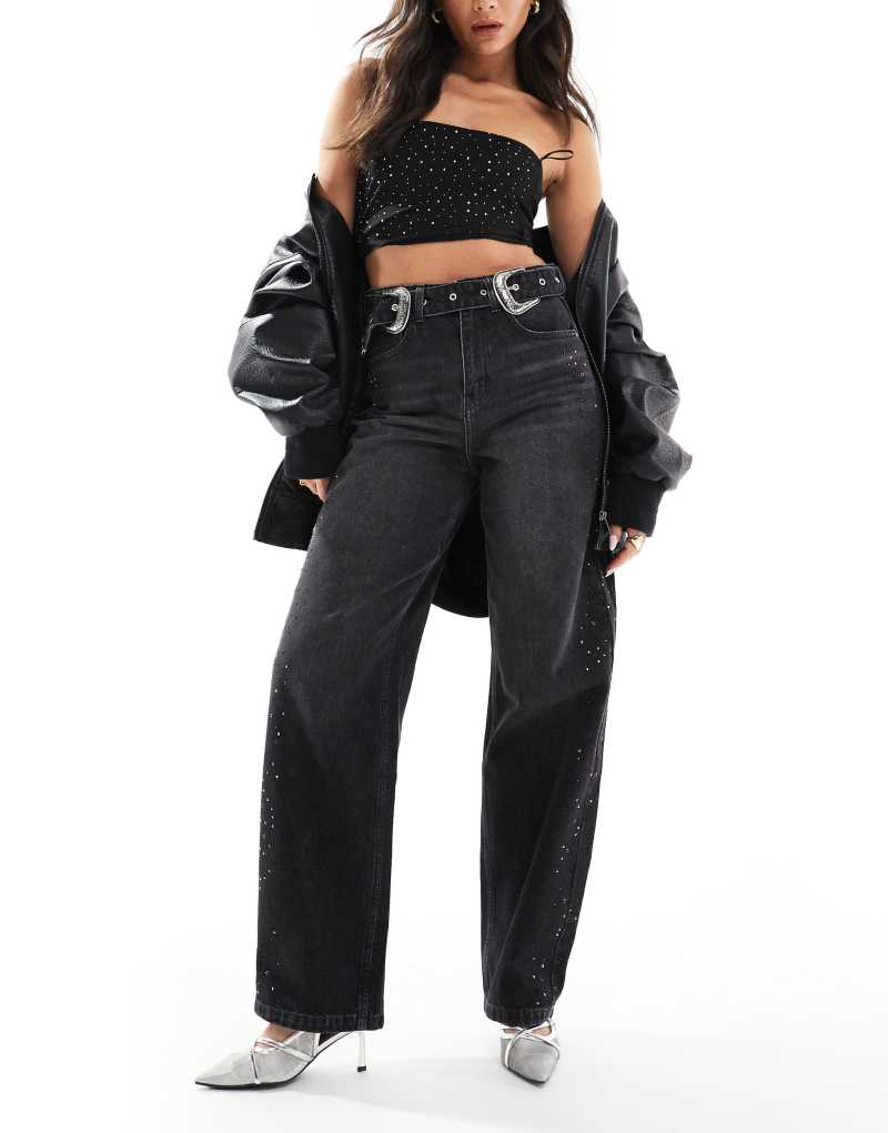 Bershka diamante western wide leg jeans in washed black Bershka