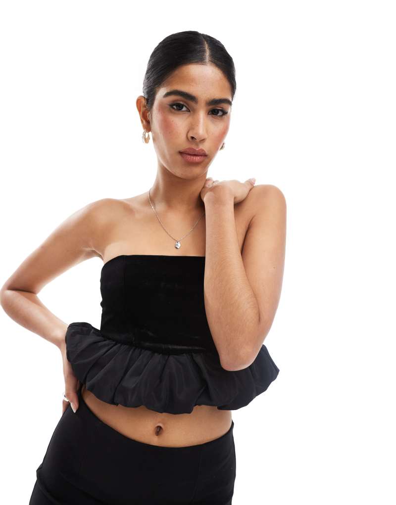 Bershka velvet puffball top in black Bershka