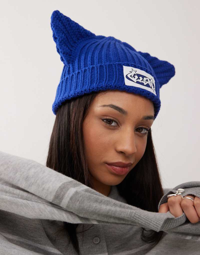 COLLUSION knit beanie with ears in blue Collusion