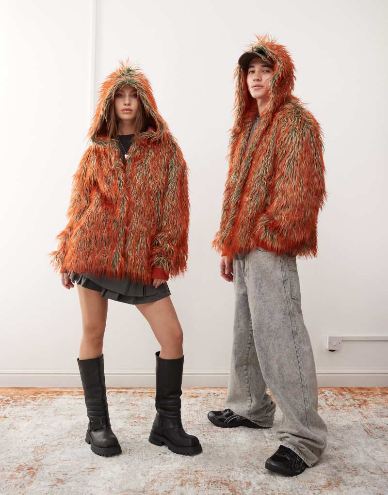 COLLUSION unisex overhead fur coat in orange Collusion