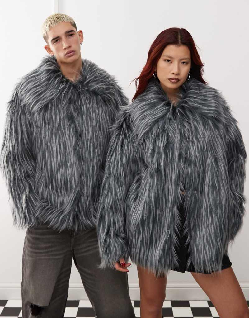 COLLUSION Unisex contrast tipped faux fur jacket in gray Collusion