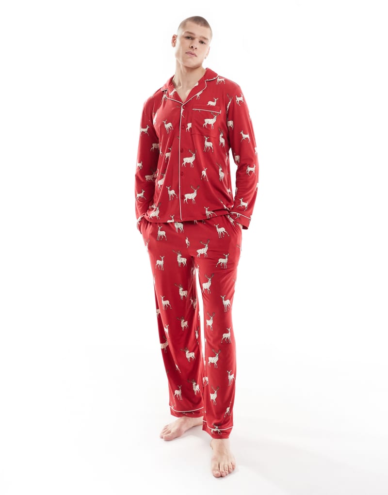 Chelsea Peers Exclusive Christmas His & Hers long sleeve camp shirt and pants pajama set in reindeer print Chelsea Peers