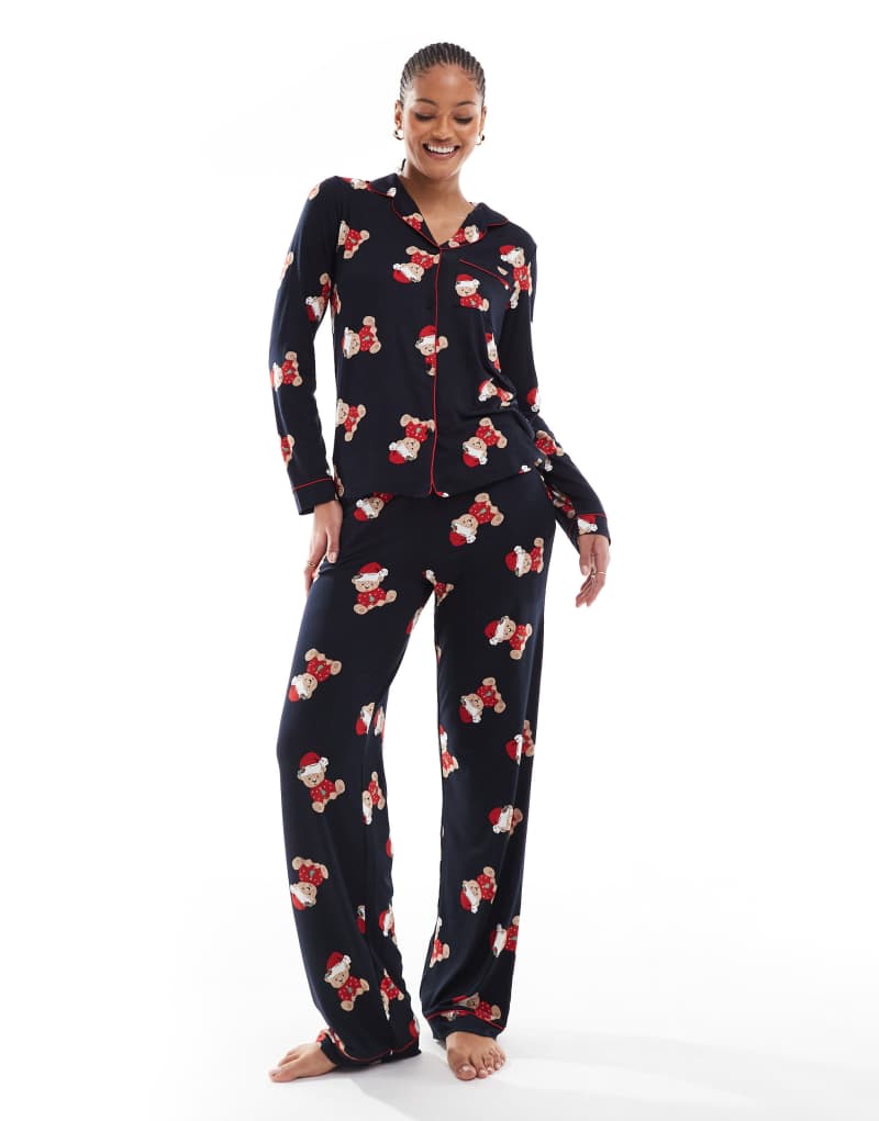 Chelsea Peers Exclusive Tall Christmas teddy print long sleeve camp collar shirt and pants pajama set in navy Chelsea Peers