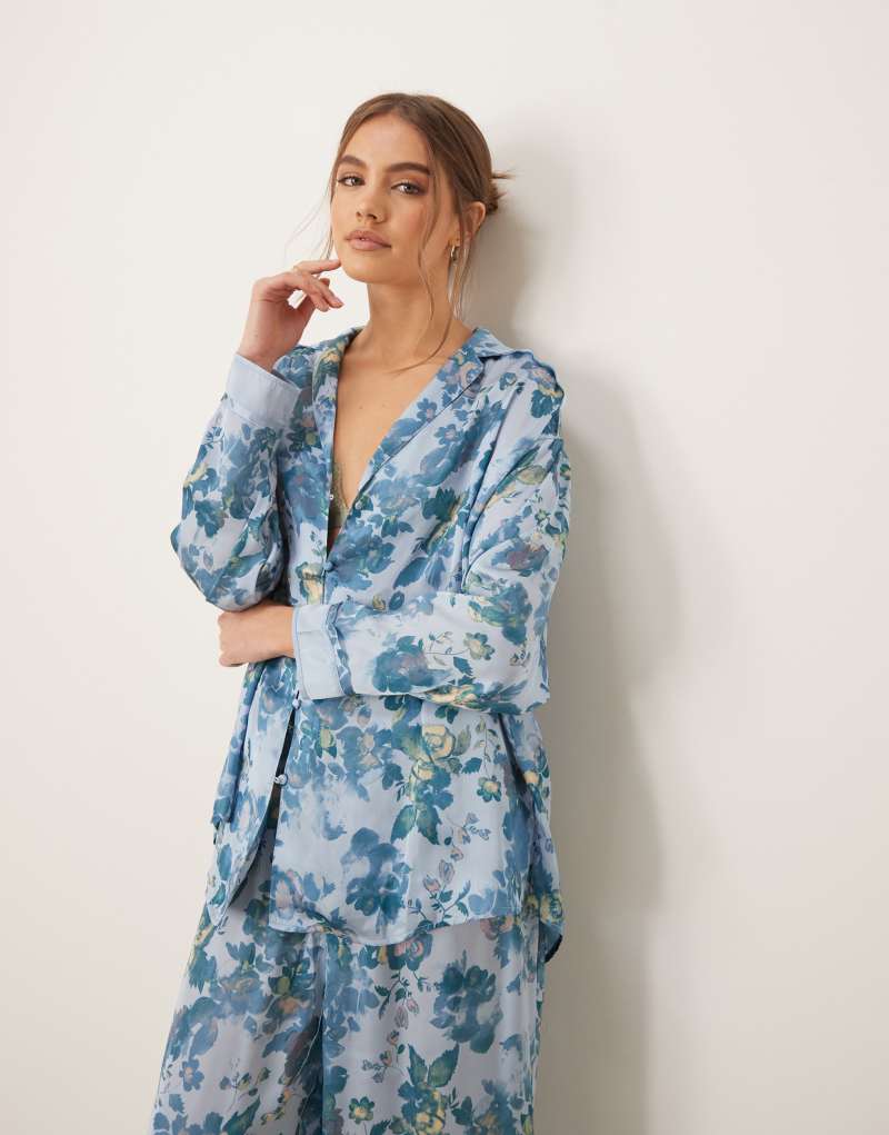 Free People dreamy days printed silk pajama set in light blue Free People