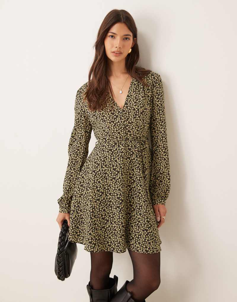 Glamorous long sleeve v neck mini dress in black and yellow micro floral GLAMOROUS