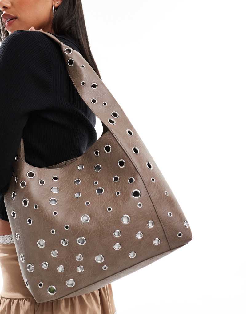 Glamorous studded shoulder tote bag in washed gray  GLAMOROUS