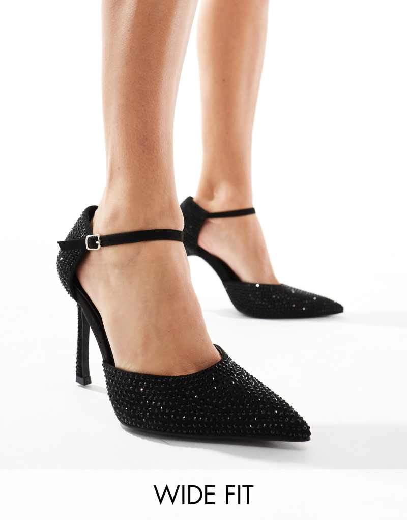 Glamorous Wide Fit pointed high heeled pumps in black embellished GLAMOROUS