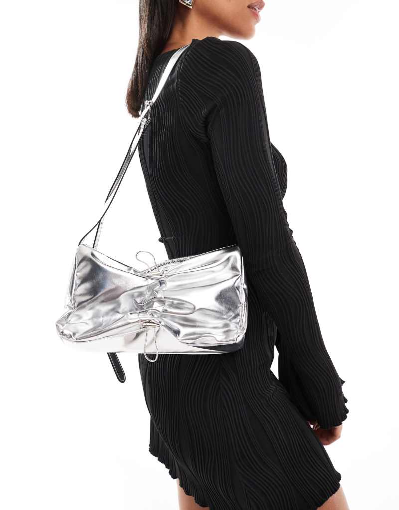 Glamorous ruched crossbody bow bag in silver GLAMOROUS