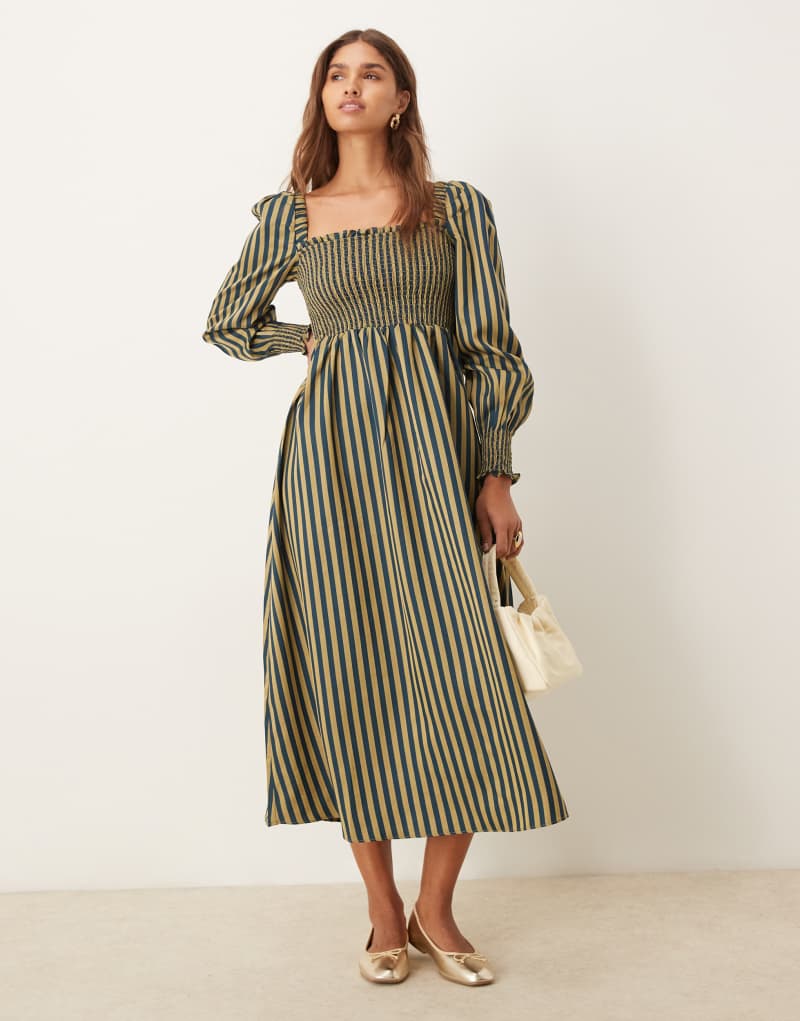 Glamorous shirred midi dress with puff sleeves in navy yellow stripe GLAMOROUS