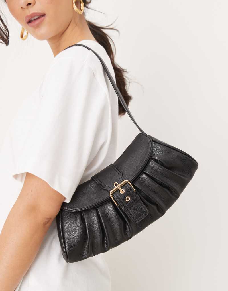 Glamorous ruched buckle detail shoulder bag in black  GLAMOROUS