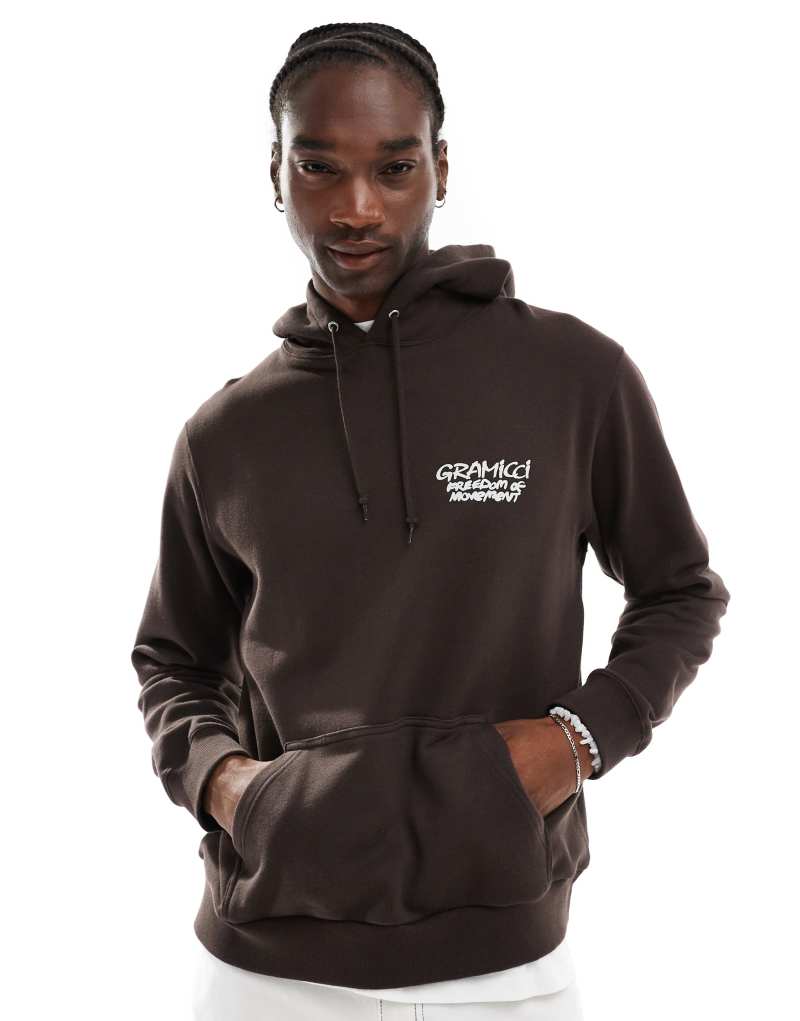 Gramicci napping climber graphic hoodie in dark brown Gramicci