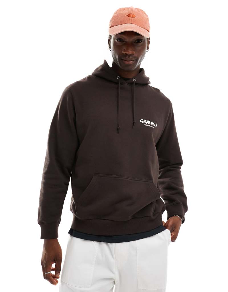 Gramicci original freedom graphic hoodie in dark brown Gramicci