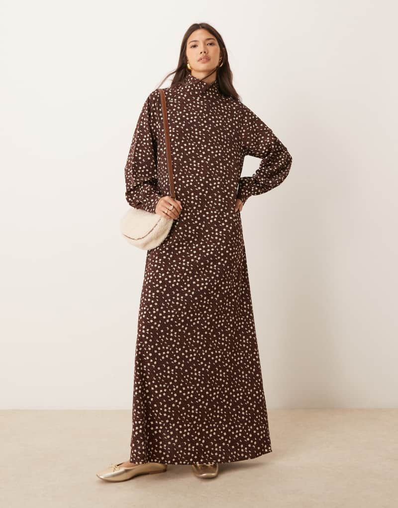 Glamorous high neck maxi dress in brown floral GLAMOROUS