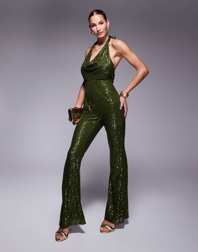 Jaded Rose flared jumpsuit in olive sequin Jaded Rose