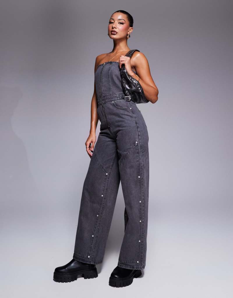 Liquor N Poker bandeau utility jumpsuit with carpenter detail in black wash Liquor N Poker