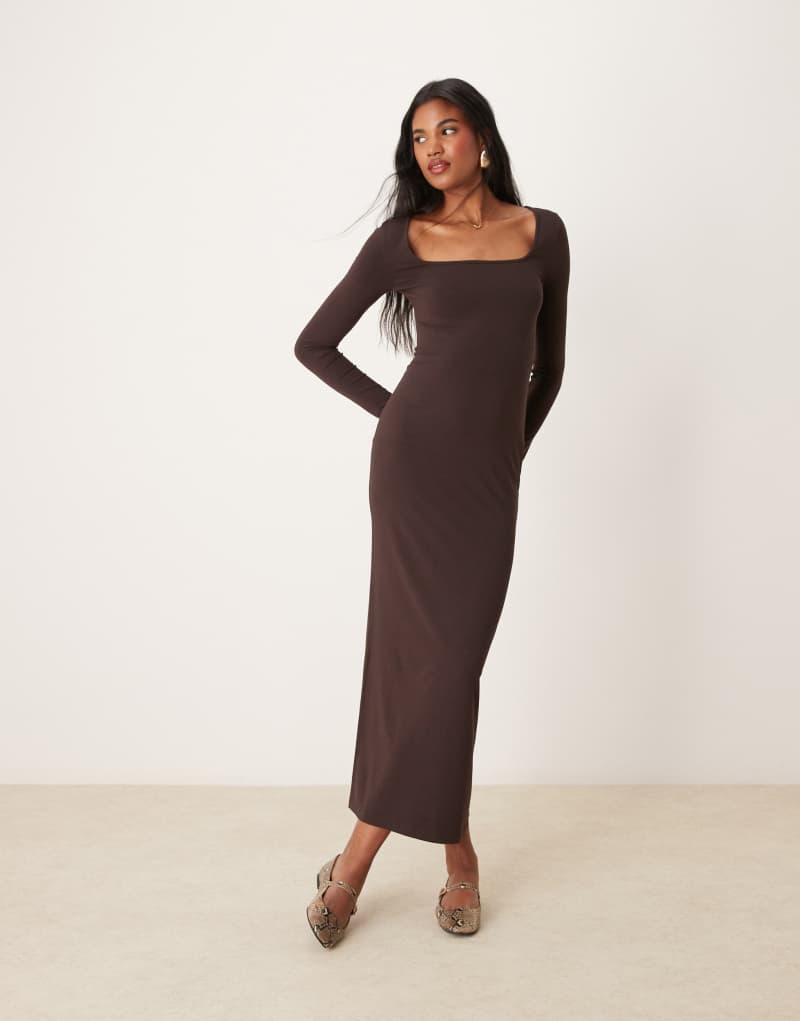 Miss Selfridge long sleeve scoop neck maxi dress in chocolate Miss Selfridge