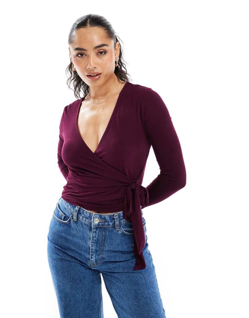 Miss Selfridge wrap over jersey long sleeve top in plum Miss Selfridge