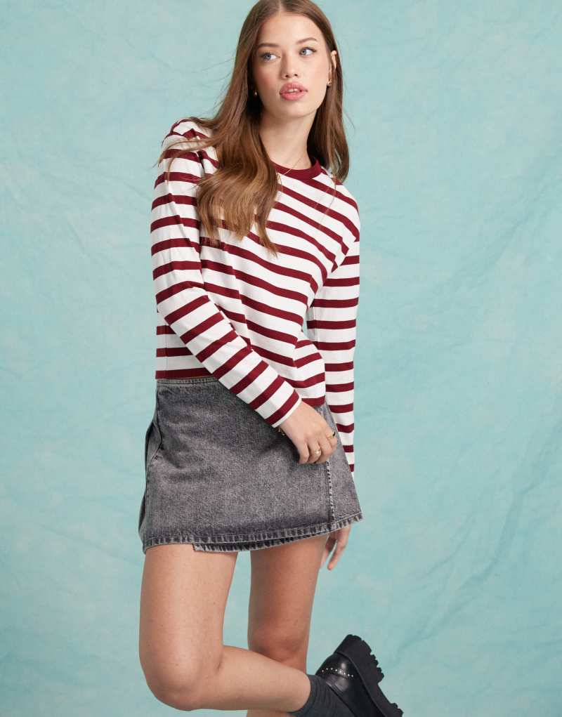 Miss Selfridge long sleeve t-shirt in burgundy stripe Miss Selfridge