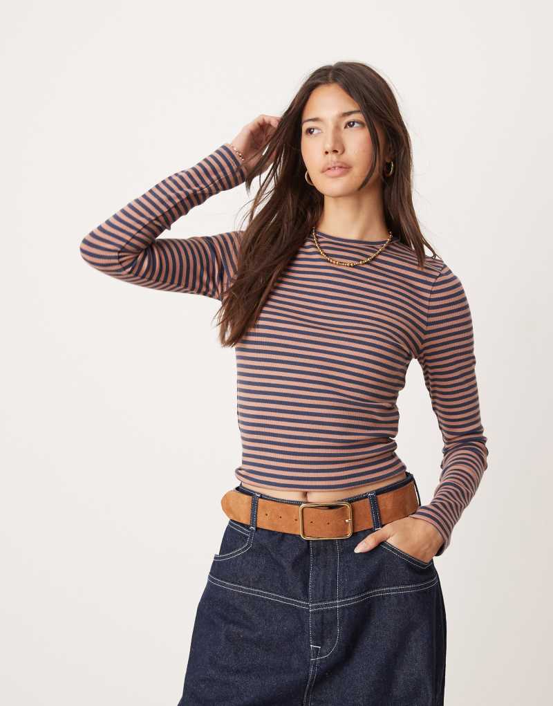 Miss Selfridge long sleeve ribbed crew neck top in navy and brown stripe Miss Selfridge