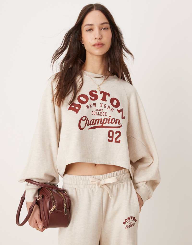 Miss Selfridge Boston cropped sweatshirt in oatmeal heather - part of a set Miss Selfridge