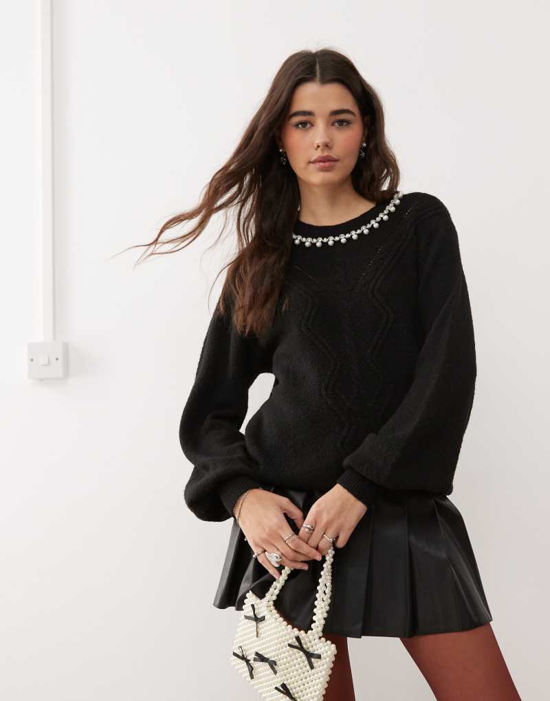 Miss Selfridge faux pearl and diamante neck trim cable knit sweater in black Miss Selfridge