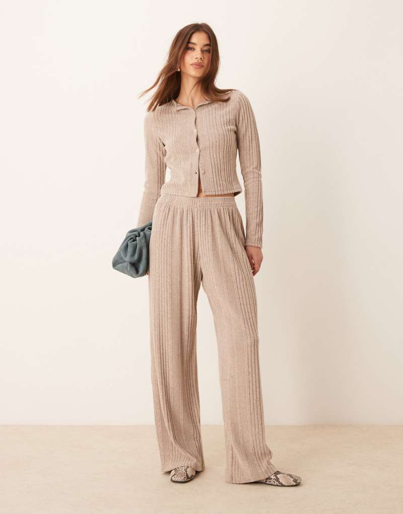 Miss Selfridge brushed chunky ribbed wide leg pants in stone Miss Selfridge