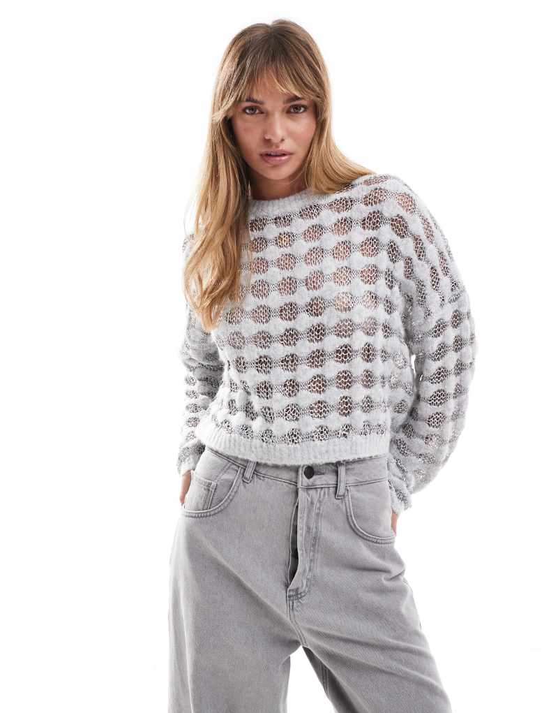 Miss Selfridge metallic stripe sweater in gray heather with silver Miss Selfridge