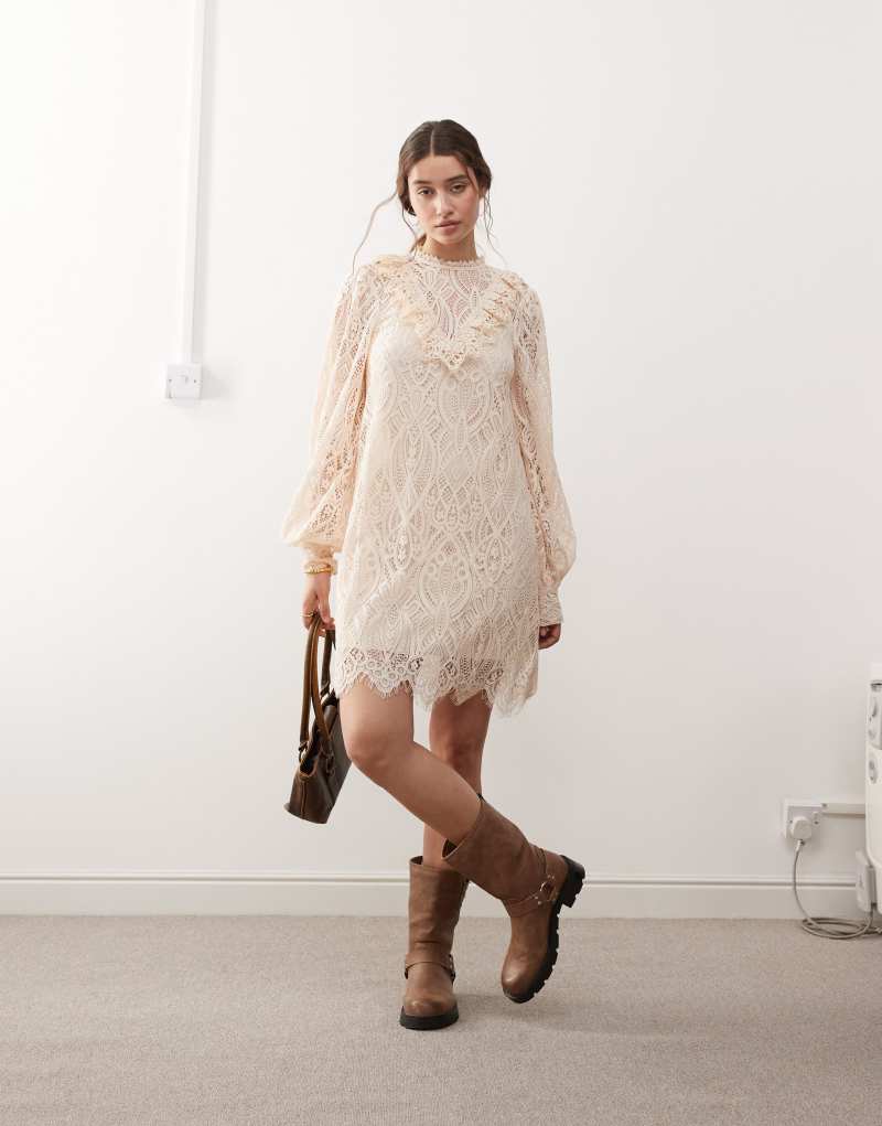 Miss Selfridge lace victoriana mini dress in light pink Miss Selfridge