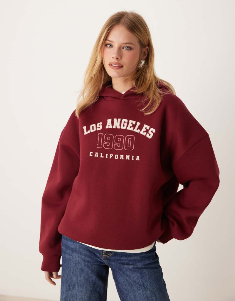 Miss Selfridge Los Angeles hoodie in burgundy Miss Selfridge