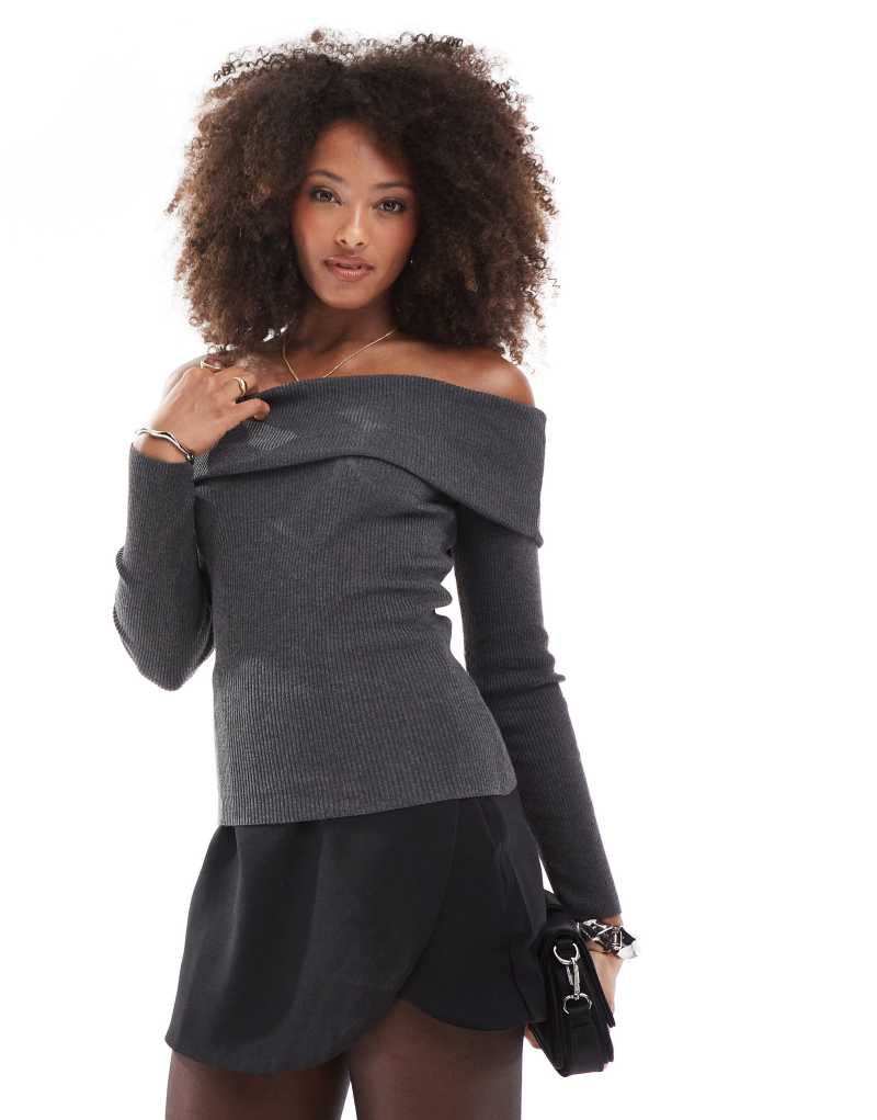 Miss Selfridge fold over knit ribbed bardot sweater in charcoal Miss Selfridge