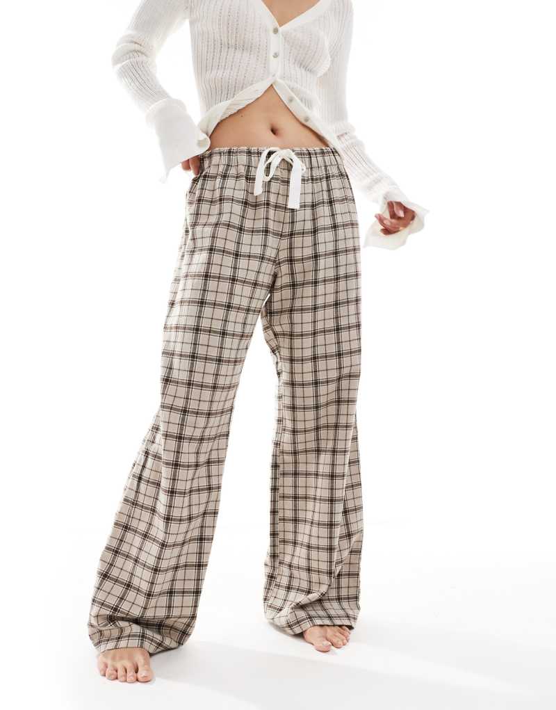 Monki wide leg pajama pants in beige check Monki