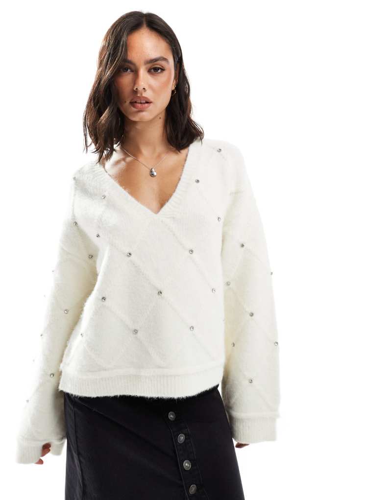 Miss Selfridge diamond pattern embellished wide sleeve sweater in cream Miss Selfridge