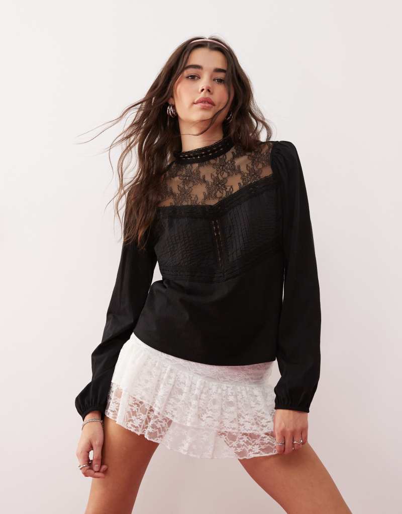 Miss Selfridge lace insert pintuck detail blouse in black Miss Selfridge