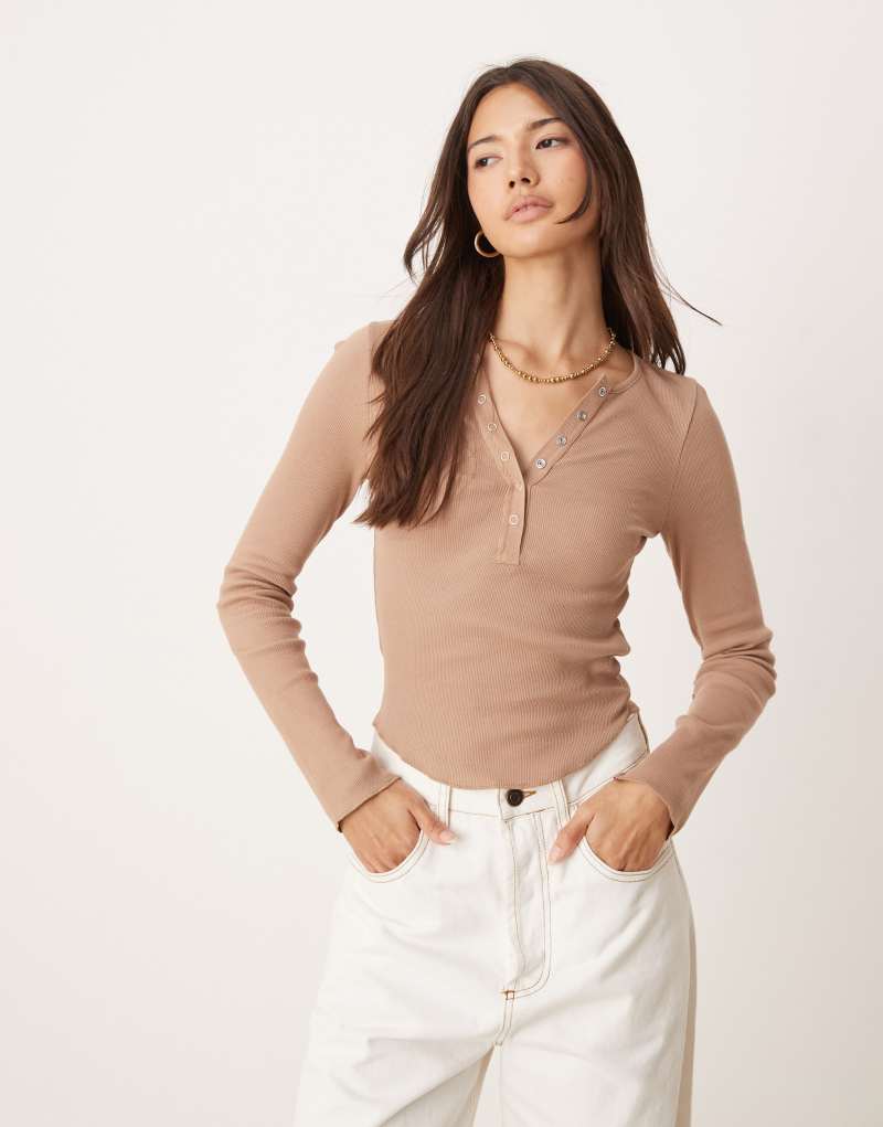 Miss Selfridge henley long sleeve top with poppers in ginger snap Miss Selfridge