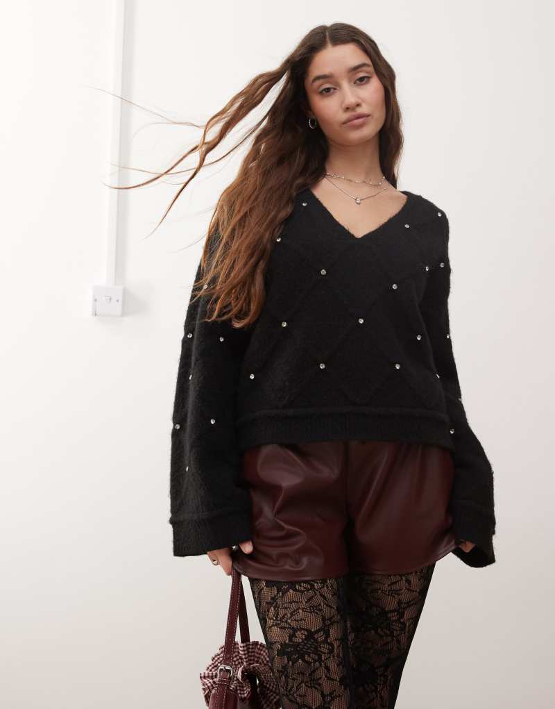 Miss Selfridge diamond pattern embellished wide sleeve sweater in black Miss Selfridge