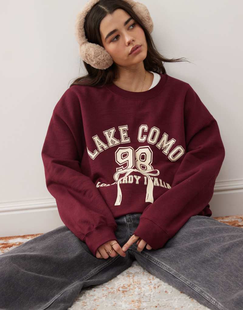 Miss Selfridge Lake Como oversized sweatshirt in burgundy Miss Selfridge